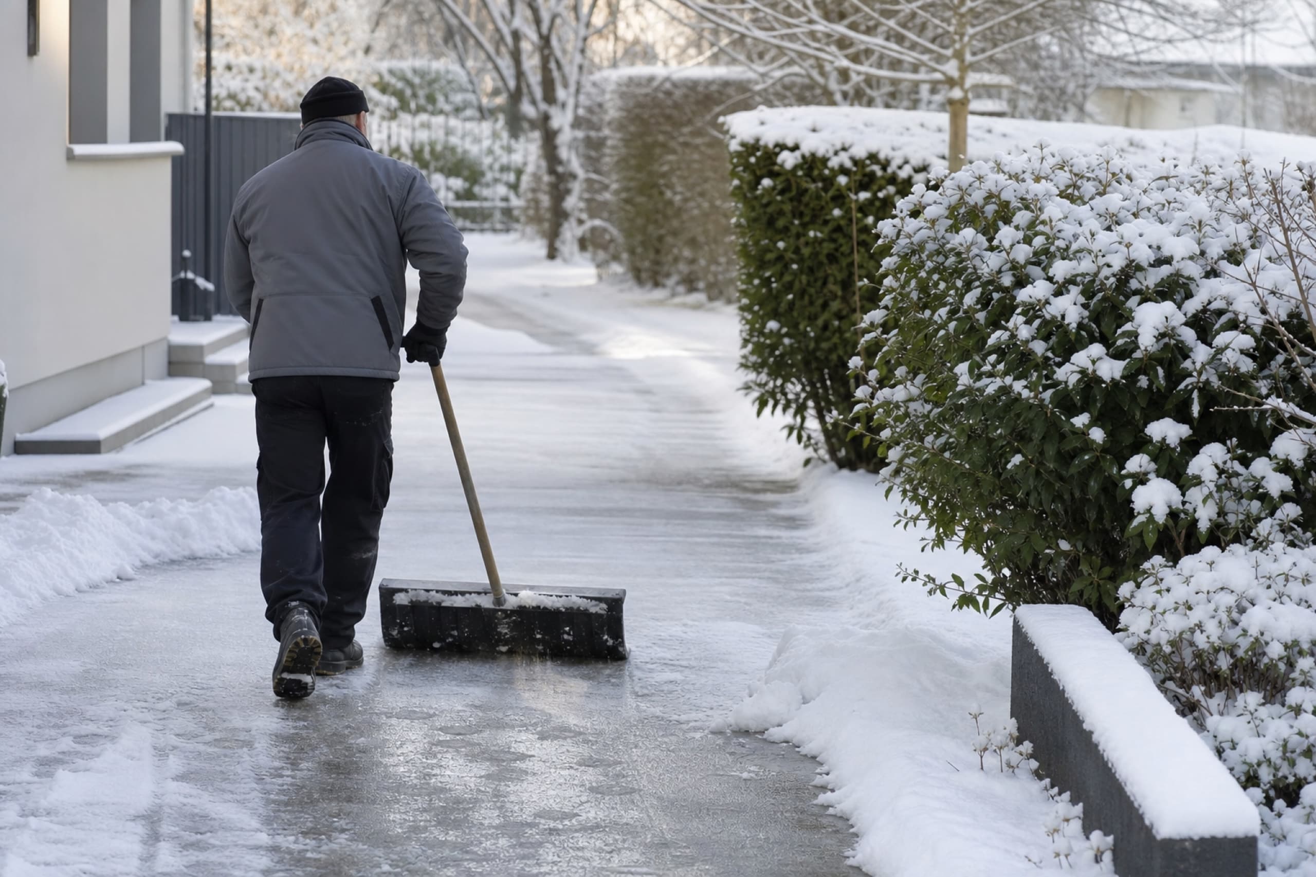 Winterdienst: geräumter und gestreuter Gehweg im Schnee